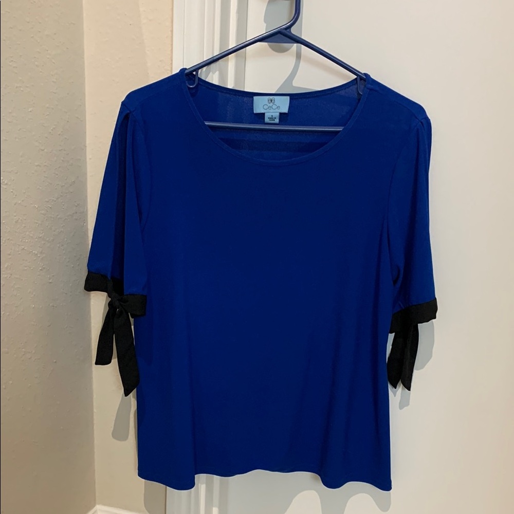 CeCe Cobalt Blue Scoop Neck Top with Slit-Tie Sleeves